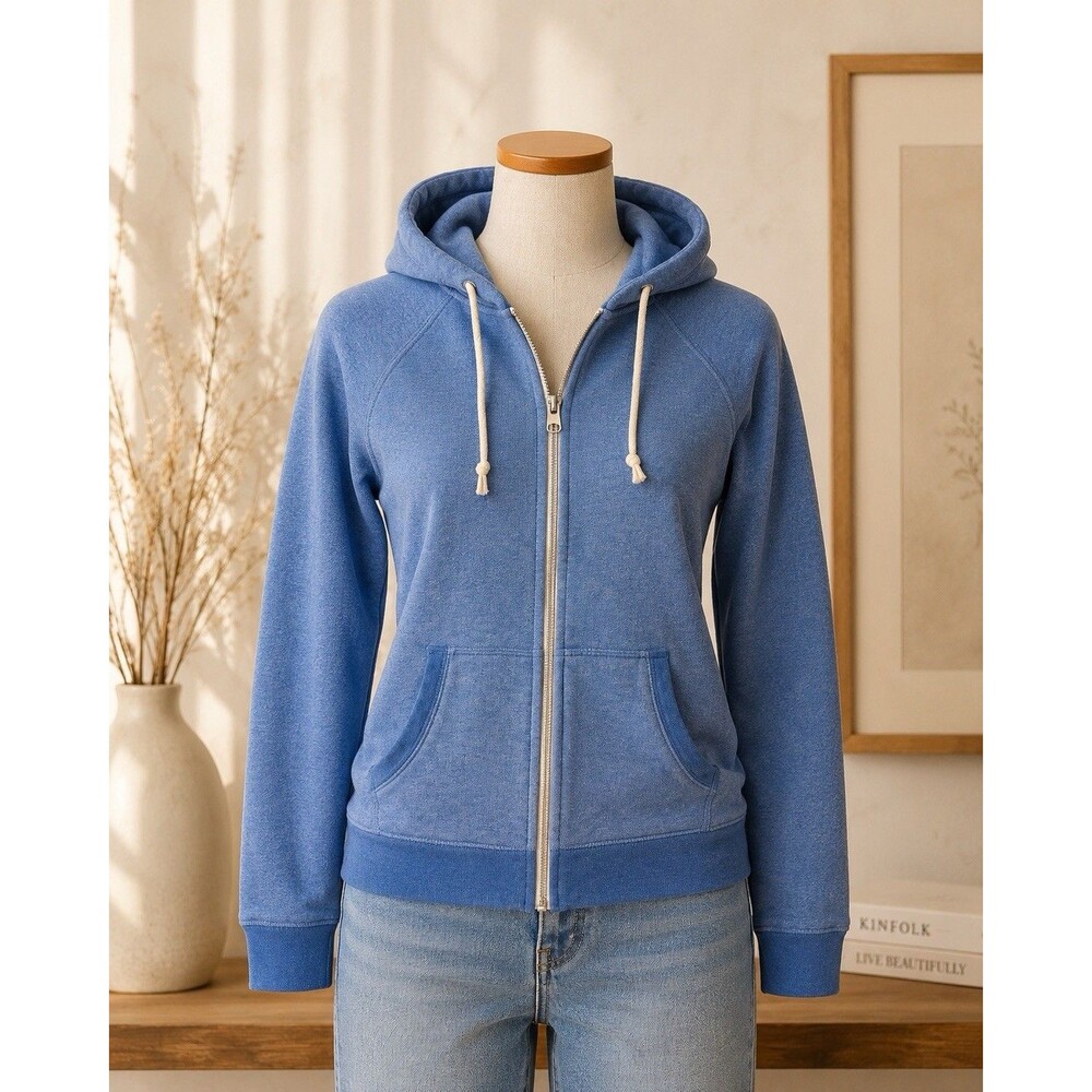 Uniqlo Blue Solid Full Zip Hooded Fleece Hoodie Pockets Women M